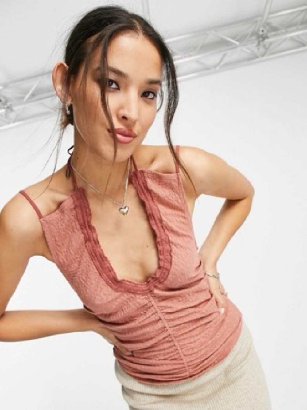 Free People Love Her Ruched Keyhole Halter Sleeveless Rose Pink Top Size Small